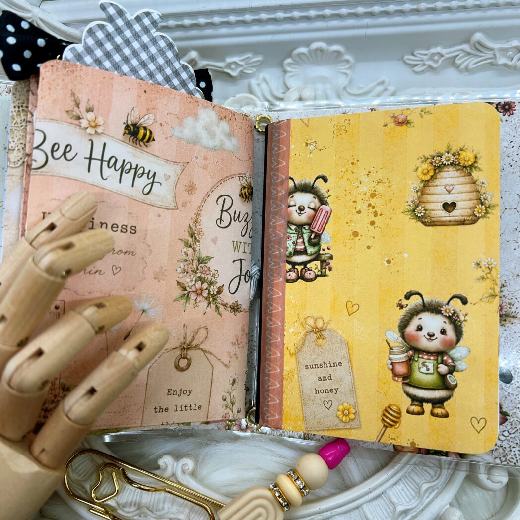 Handmade micro laminated traveler's notebook with beaded pen featuring Honey Bees and Summer Breeze designer paper by Decor8yourlife.