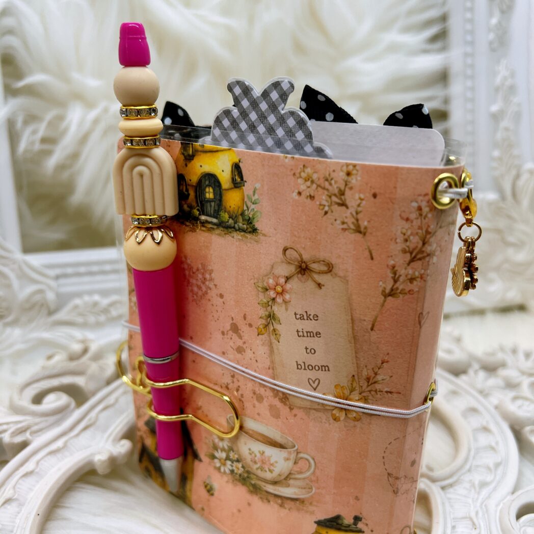 Handmade micro laminated traveler's notebook with beaded pen featuring Honey Bees and Summer Breeze designer paper by Decor8yourlife.