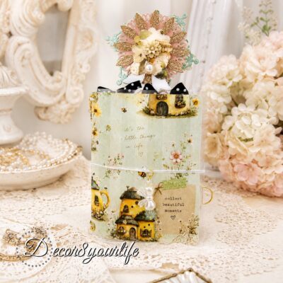 Handmade Honey Bees & Summer Breeze micro traveler's notebook by Decor8yourlife featuring a laminated cottagecore bee cover, coordinating beaded pen, handmade bookmarks, decorative paper clips, journal folders, charm cluster, and purse-sized journaling accessories.