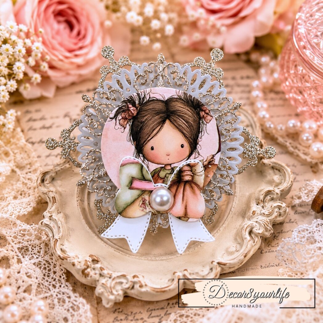 Handmade layered paper rosette embellishment created with circle dies, decorative frame dies, glitter cardstock, watercolor paper, and papers from the Honey Bees & Summer Breeze scrapbook collection by Decor8yourlife.