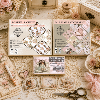 Decor8yourlife Fall Hugs & Cocoa Mugs collection displayed on a vintage white shabby chic craft desk featuring the 8.25 x 8.25 scrapbook paper pack, Besties & Cuties fussy-cut pack, and coordinating ephemera cards surrounded by lace, scissors, pearls, floral embellishments, and elegant paper crafting supplies.