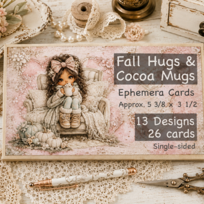 Fall Hugs & Cocoa Mugs ephemera card collection featuring 26 vintage style journal cards for junk journals, scrapbook layouts, handmade cards, mini albums, and fall paper crafting projects.