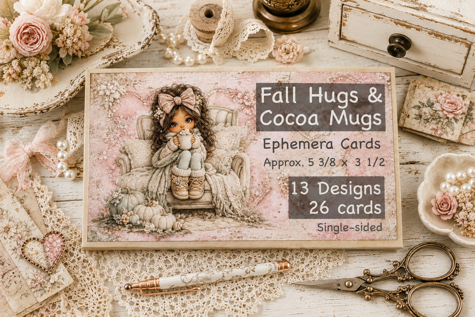 Fall Hugs & Cocoa Mugs ephemera card collection featuring 26 vintage style journal cards for junk journals, scrapbook layouts, handmade cards, mini albums, and fall paper crafting projects.