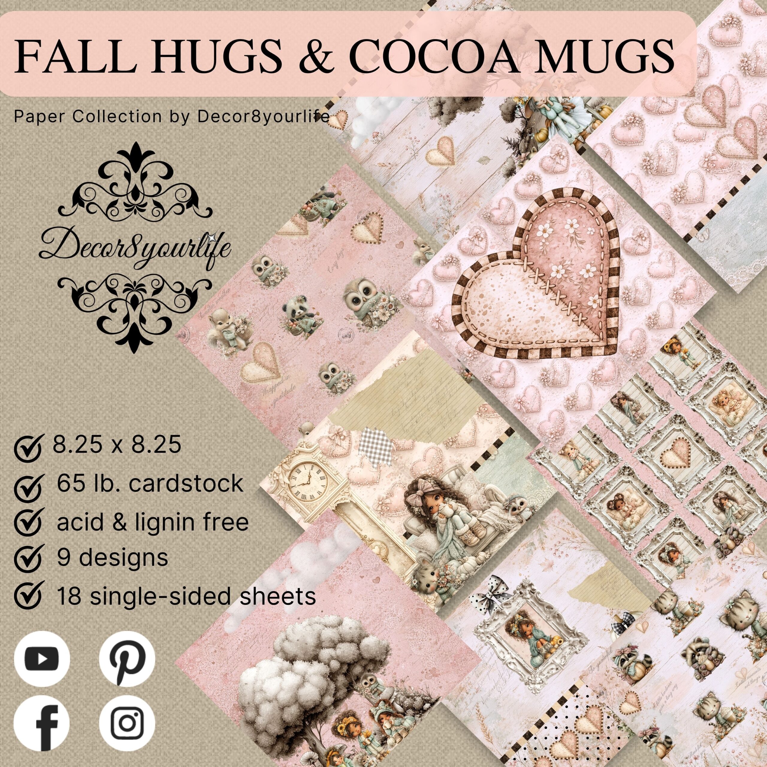 Fall Hugs & Cocoa Mugs Scrapbook Paper Collection for Autumn by Decor8yourlife.