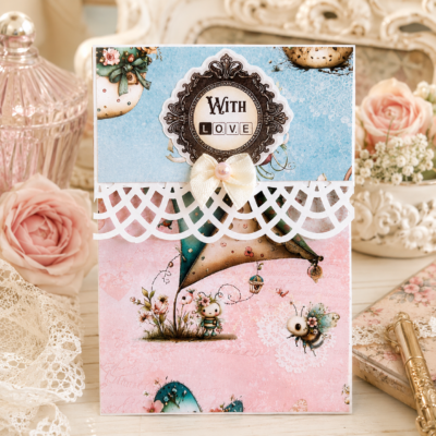 Handmade cottagecore notepad featuring whimsical bee artwork, floral paper, layered embellishments, satin bow, and lined pages for journaling, planners, office notes, and everyday stationery.