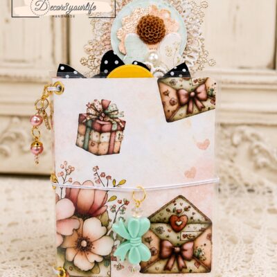 Handmade Spring Cottage Blooms laminated micro Traveler's Notebook with removable bee charm, refillable beaded pen, handmade rosette wand, altered notebook inserts, folders, bookmarks, transparent pocket and coordinating journaling accessories by Decor8yourlife.
