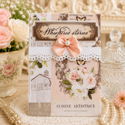 Handmade boutique writing pad featuring romantic floral artwork, heavyweight designer cardstock cover, blush satin bow, decorative paper lace trim, and lined writing pages by Decor8yourlife.