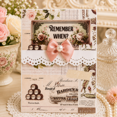 Handmade vintage writing pad with floral artwork, decorative paper lace trim, blush satin bow, pearl embellishment, and lined writing pages for journaling and memory keeping.