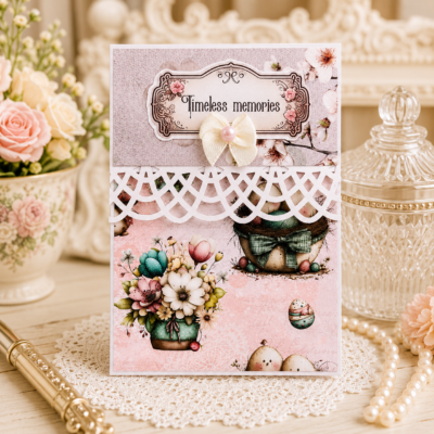 Handmade boutique writing pad featuring spring floral artwork, layered embellishments, pearl bow, decorative lace border, and lined writing pages from the Decor8yourlife Nestled in Spring Collection.