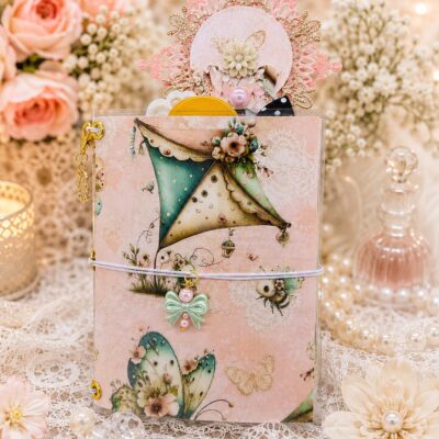 Handmade "Nestled in Spring" micro traveler's notebook with laminated cover, refillable beaded pen, handmade folders, bookmarks, journal ephemera, and decorative rosette wand by Decor8yourlife.