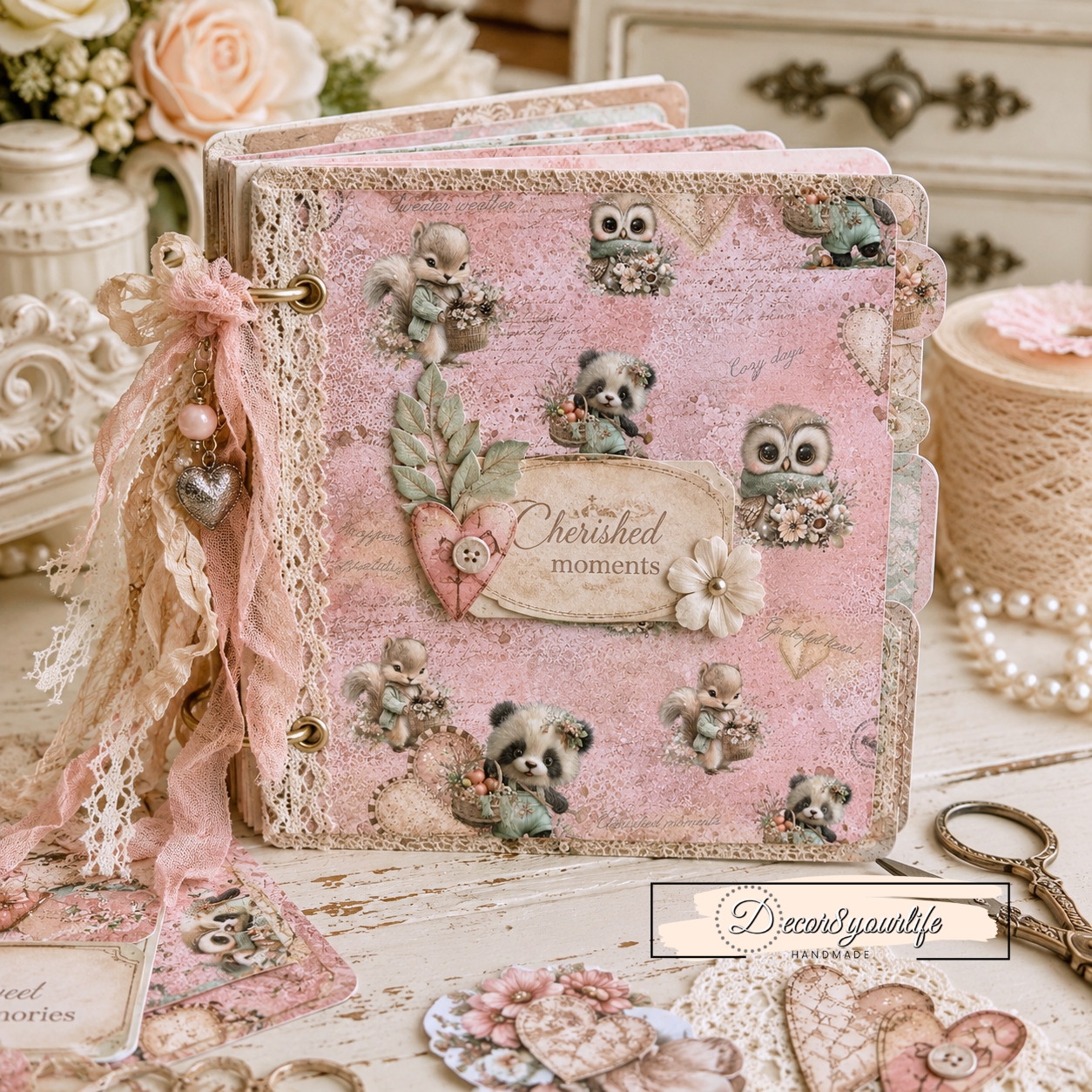 Shabby Chic, cozy and whimsical pocket journal idea by Decor8yourlife. Scrapbook Papers "Fall Hugs & Cocoa Mugs" by Decor8yourlife.