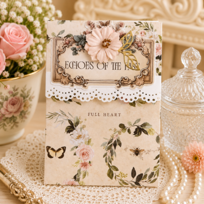 Handmade botanical writing pad featuring elegant floral artwork, dimensional flower embellishment, decorative paper lace trim, gold-tone leaf accent, and lined writing pages by Decor8yourlife.