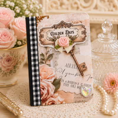 Handmade pocket journal featuring vintage floral artwork, ribbon spine, dimensional rose embellishment, decorative heart accent, and 160 college-ruled pages by Decor8yourlife.