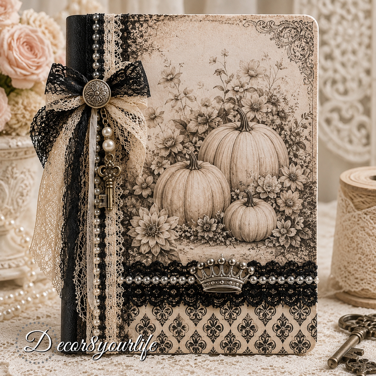 Elegant Victorian altered composition notebook decorated with black and white pumpkin scrapbook paper, an antique nickel crown embellishment, ornate gold details, and decorative trims in the signature feminine Decor8yourlife style.