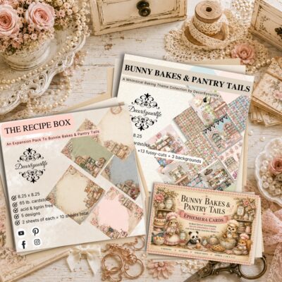 Bunny Bakes & Pantry Tails scrapbook paper bundle with 26 sheets, The Recipe Box expansion pack, and whimsical baking recipe ephemera cards arranged together on a vintage craft desk.