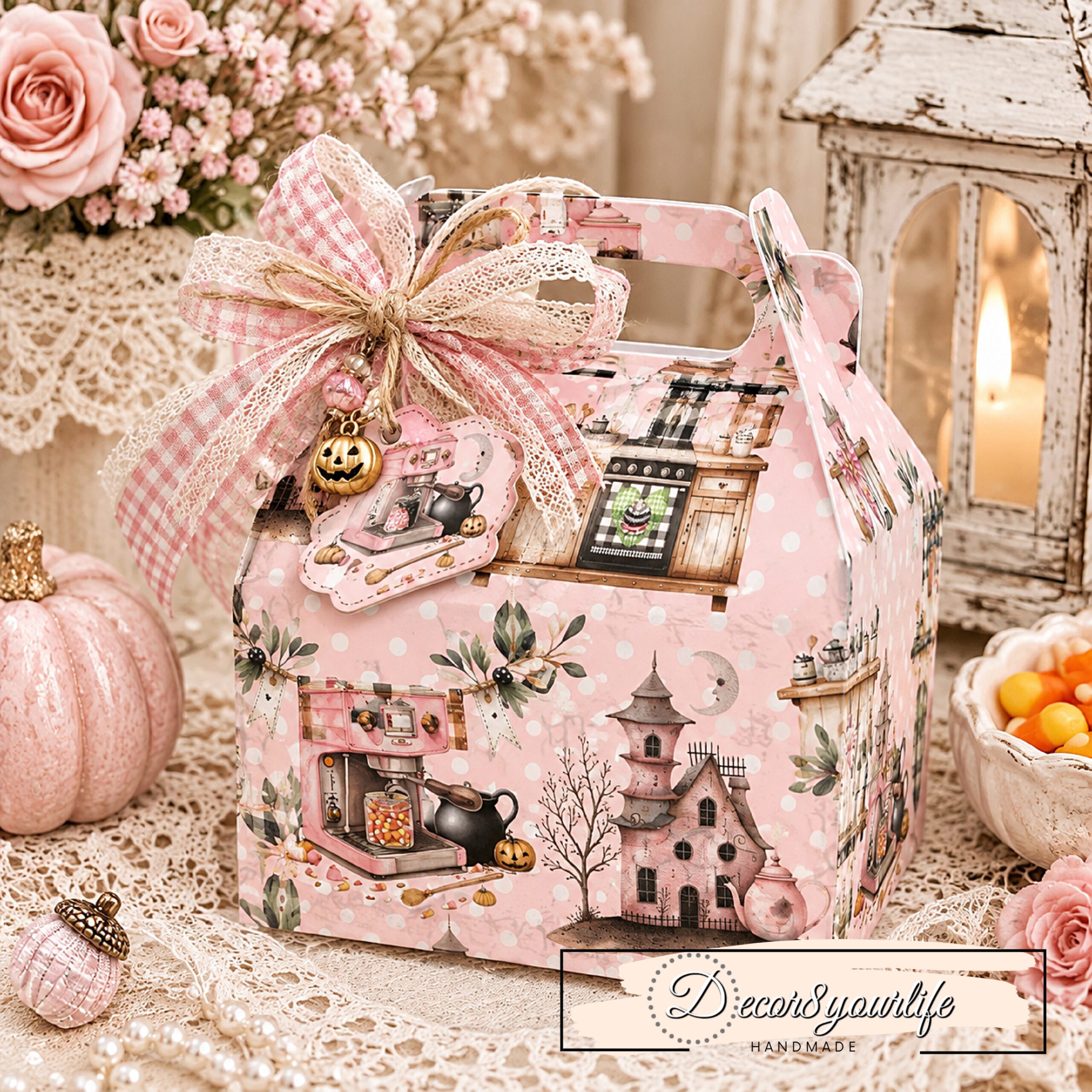 Handmade Halloween candy treat box decorated with Decor8yourlife pastel Halloween scrapbook paper, featuring pink polka dots, whimsical Halloween houses, vintage kitchens, cute bats, black and white gingham accents, a layered bow, pink pumpkins, and a decorative Trick or Treat tag.