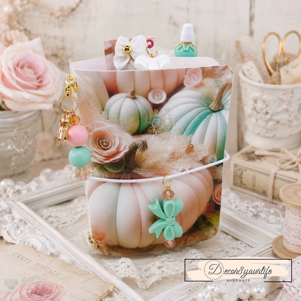 Handmade passport size laminated traveler's notebook created with Pumpkins & Pearls pastel pumpkin scrapbook paper by Decor8yourlife, featuring mint and blush bead charms