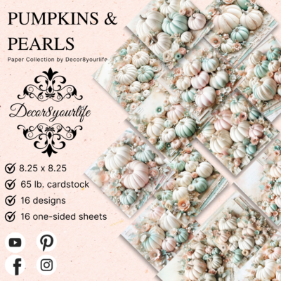 Pumpkins & Pearls shabby chic pastel pumpkin scrapbook paper pack with 16 elegant fall cardstock designs by Decor8yourlife