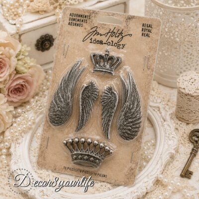 Tim Holtz Idea-ology Regal Adornments TH92903 10 piece antique nickel metal crown and angel wing embellishment set