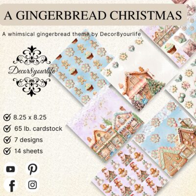 A Gingerbread Christmas scrapbook paper collection by Decor8yourlife featuring whimsical gingerbread children, Christmas houses, cupcakes, presents, florals and soft pastel holiday designs