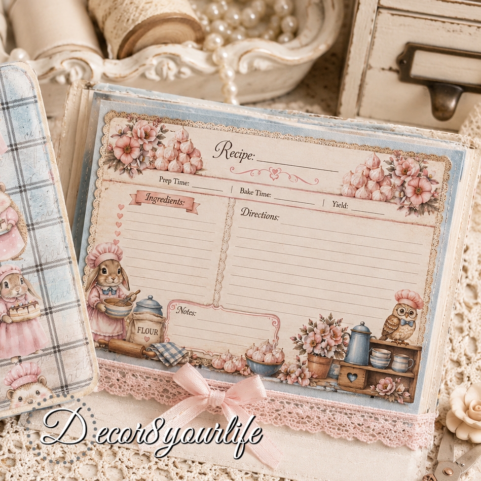 Pocket size handmade recipe book showing Bunny Bakes & Pantry Tails patterned scrapbook paper on the cover and a coordinating recipe ephemera card inside.