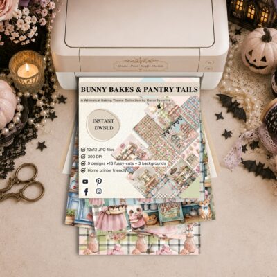 Bunny Bakes & Pantry Tails digital scrapbook paper with 9 patterns, 13 fussy-cut sheets and 3 backgrounds. 12x12 JPG files at 300 DPI.