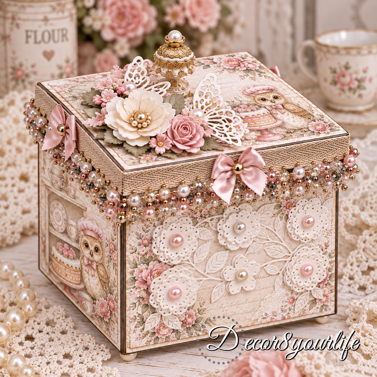 Shabby chic decorative gift box made with scrapbook paper collections from Decor8yourlife.