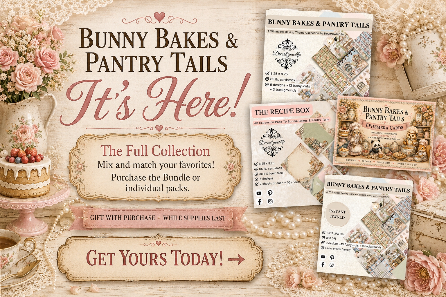 Bunny Bakes & Pantry Tails scrapbook paper collection by Decor8yourlife, a whimsical shabby chic baking collection featuring pastel floral papers, cute woodland animals, recipe ephemera cards, and a coordinating Recipe Box expansion pack, available individually or as a bundle.