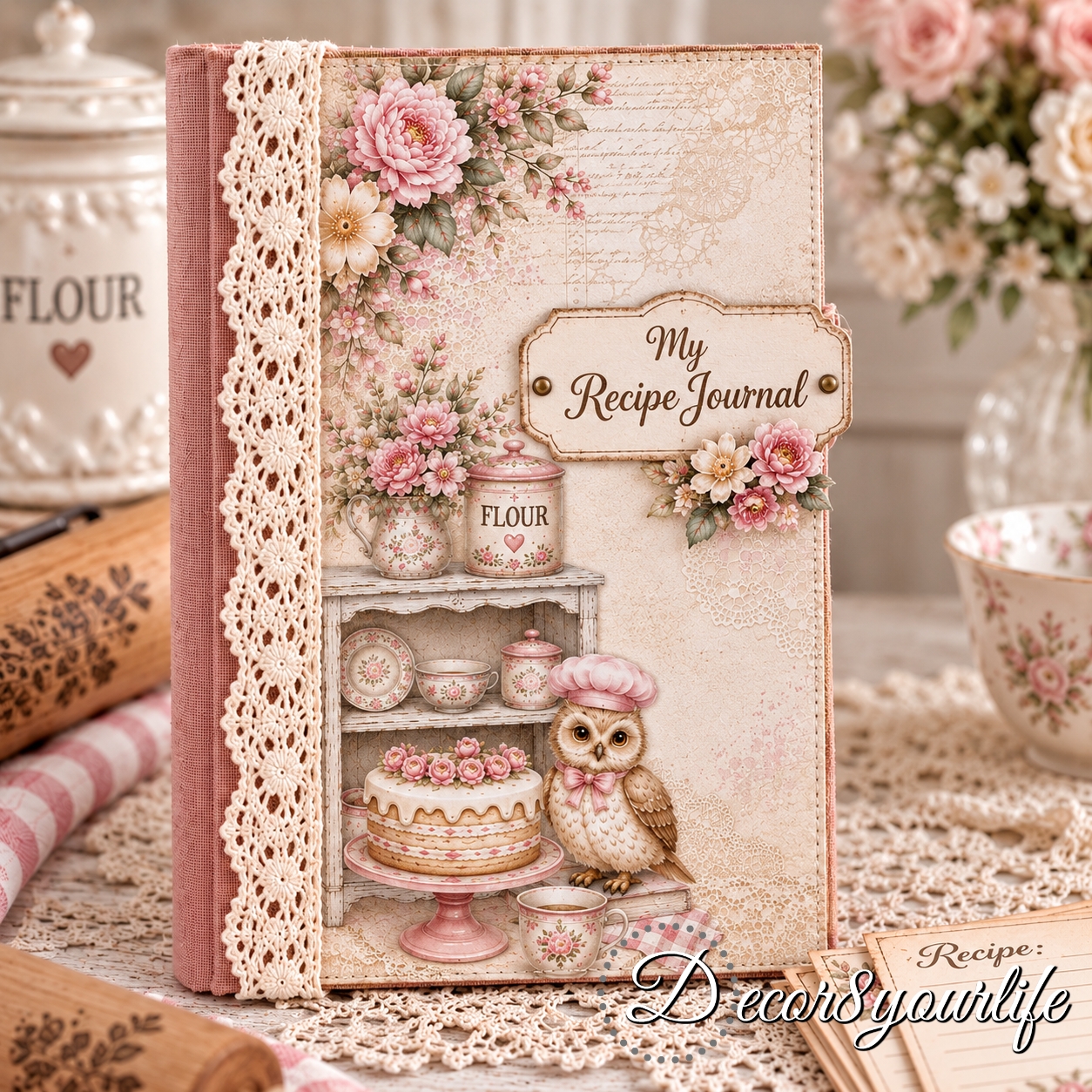 Junk journal, recipe book style made with scrapbook paper collections from Decor8yourlife.