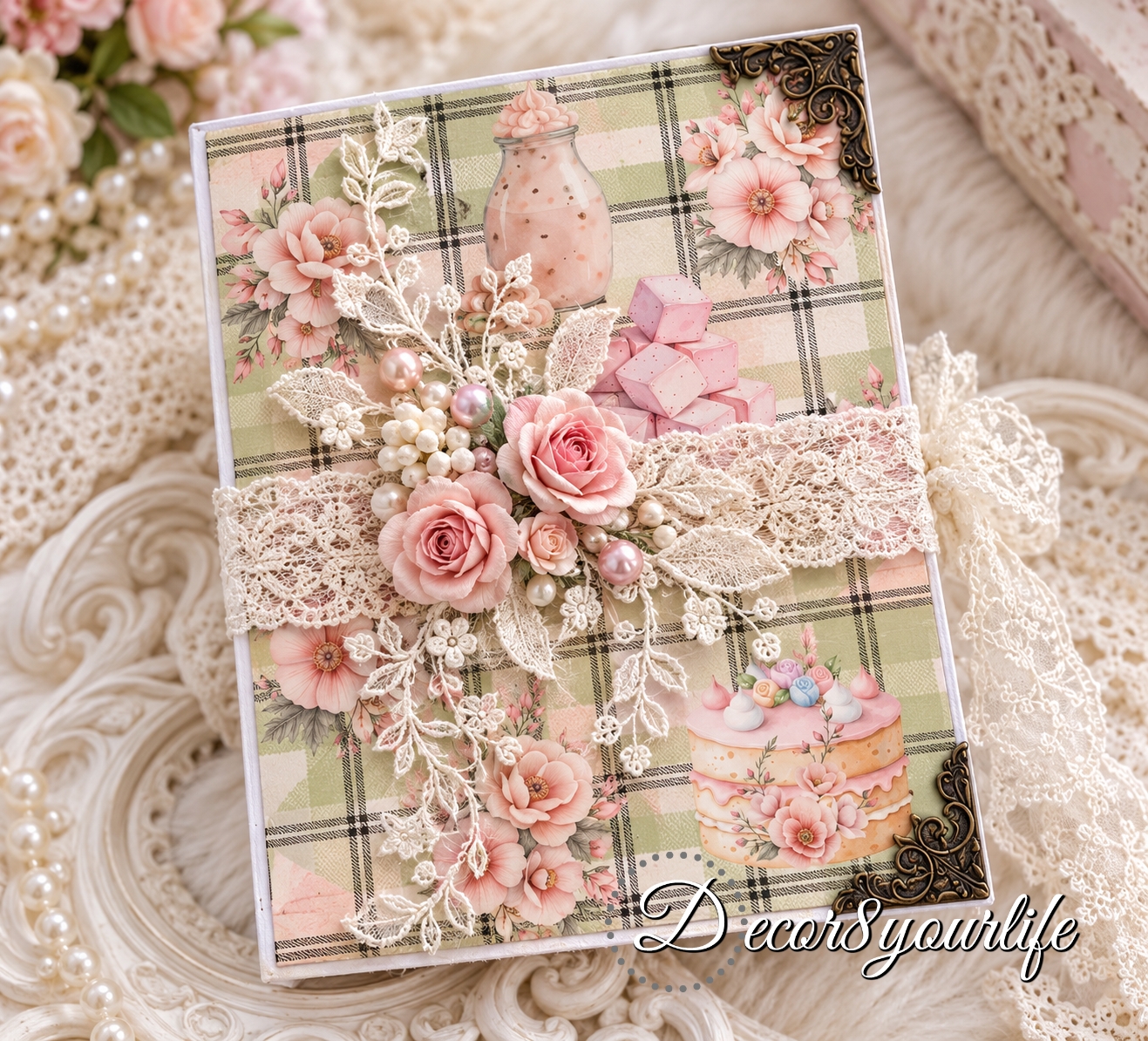 Baking theme, Shabby chic mini album made with scrapbook paper collections from Decor8yourlife.