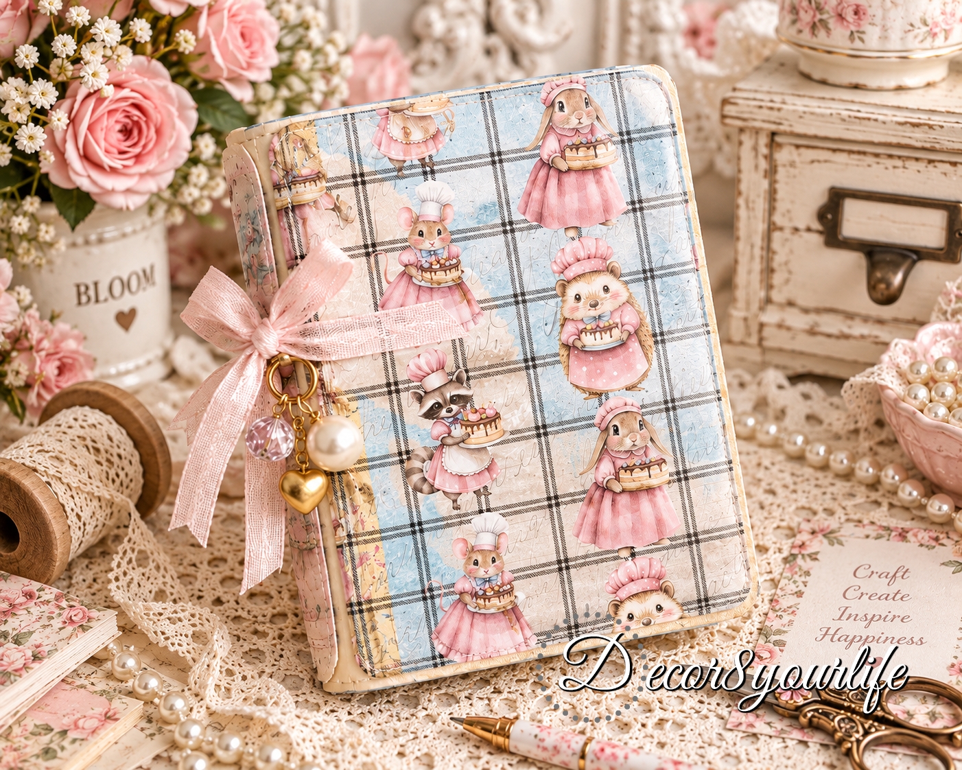 baking theme junk journal, whimsical shabby chic style, made with papers by decor8yourlife.
