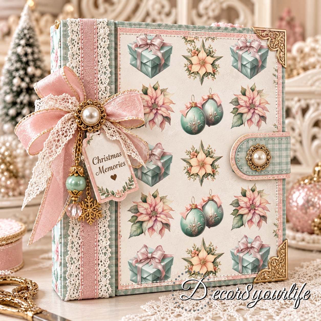 Handmade Christmas memory book made with A Gingerbread Christmas scrapbook paper by Decor8yourlife, featuring poinsettias, pastel ornaments, Christmas gifts, lace and vintage inspired embellishments.