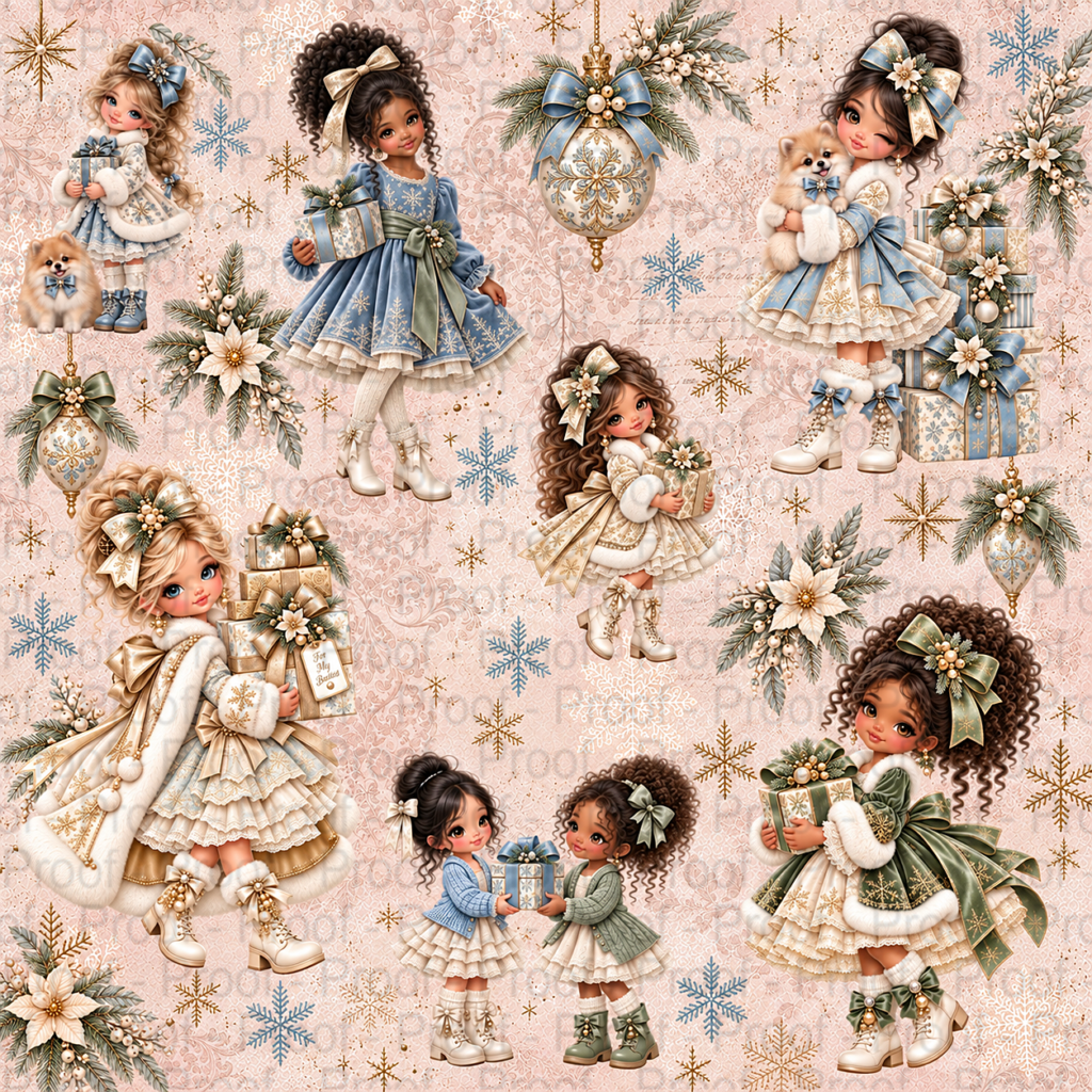 A Besties Christmas scrapbook paper collection featuring illustrated girls, Christmas gifts, snowflakes, and blush pink and icy blue holiday patterns.