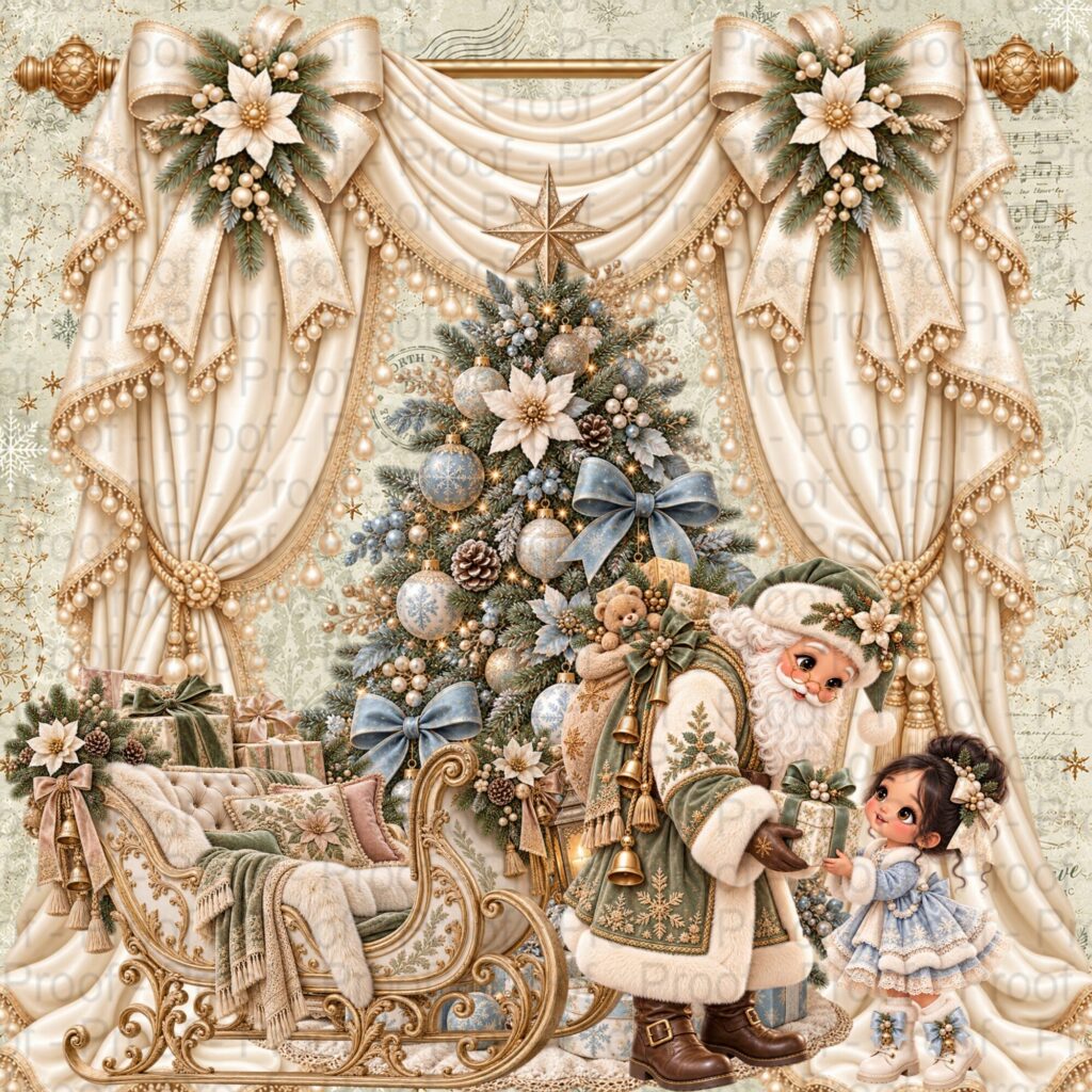 A Besties Christmas scrapbook paper collection featuring illustrated girls, Christmas gifts, snowflakes, and blush pink and icy blue holiday patterns.