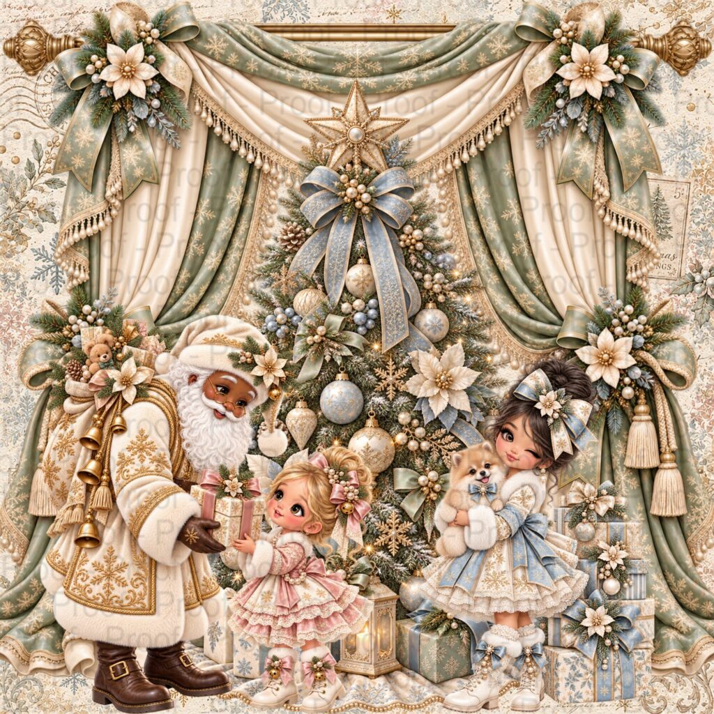 A Besties Christmas scrapbook paper collection featuring illustrated girls, Christmas gifts, snowflakes, and blush pink and icy blue holiday patterns.