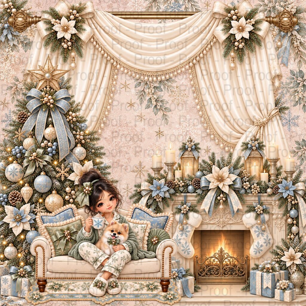 A Besties Christmas scrapbook paper collection featuring illustrated girls, Christmas gifts, snowflakes, and blush pink and icy blue holiday patterns.