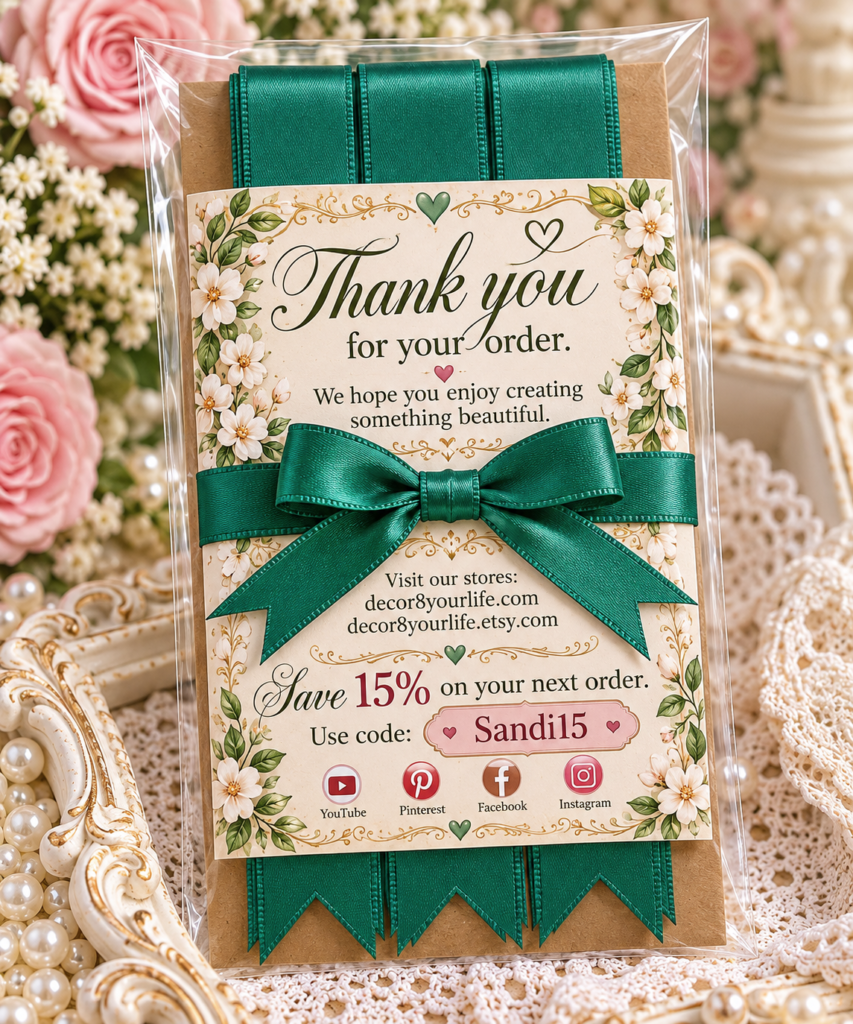 Ten emerald green satin bow-making strips with precut pointed ends
