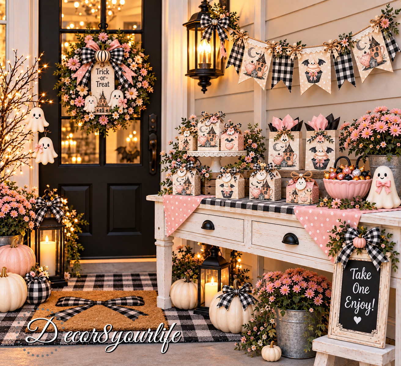 Halloween decorated front porch: Halloween treat bags and decorative pieces. Scrapbook papers by Decor8yourlife