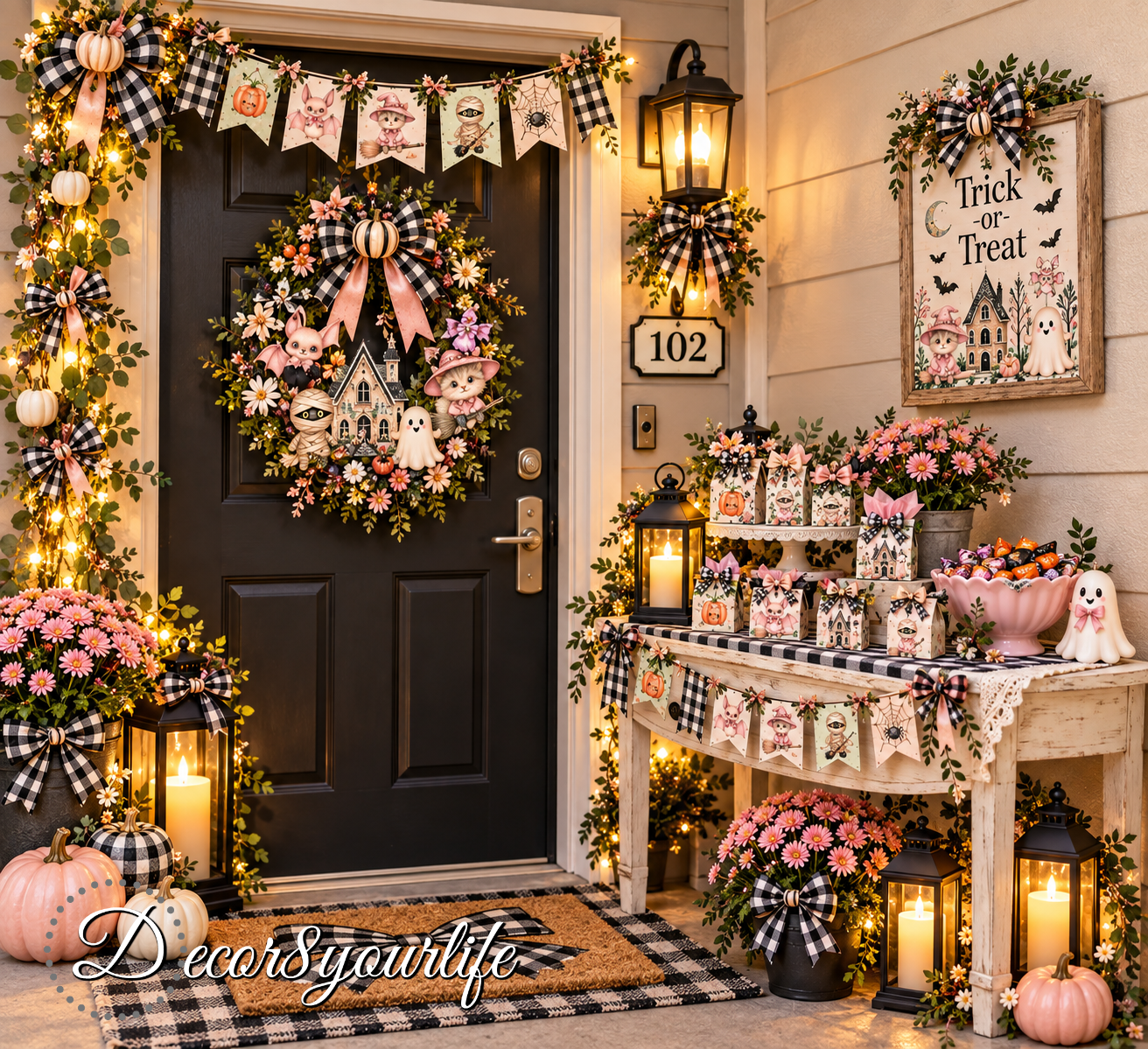 Halloween front porch decorating ideas: Halloween treat bags and decorative pieces. Scrapbook papers by Decor8yourlife