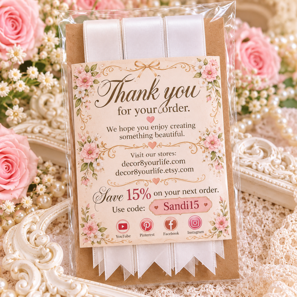 Ten white satin bow-making strips with precut pointed ends arranged in a clear package on kraft backing.