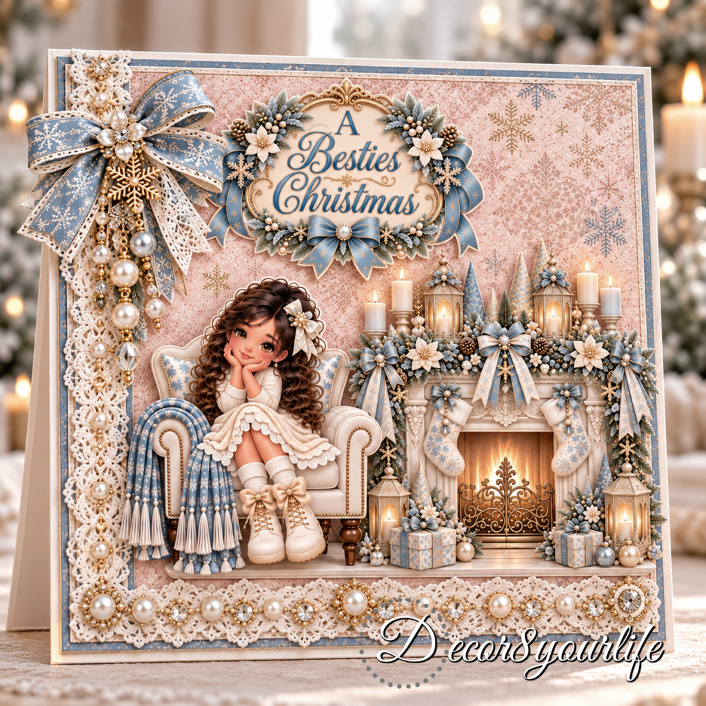Elegant Christmas card in a whimsical, shabby chic style, using the "A Besties Christmas" scrapbook paper collection by Decor8yourlife.