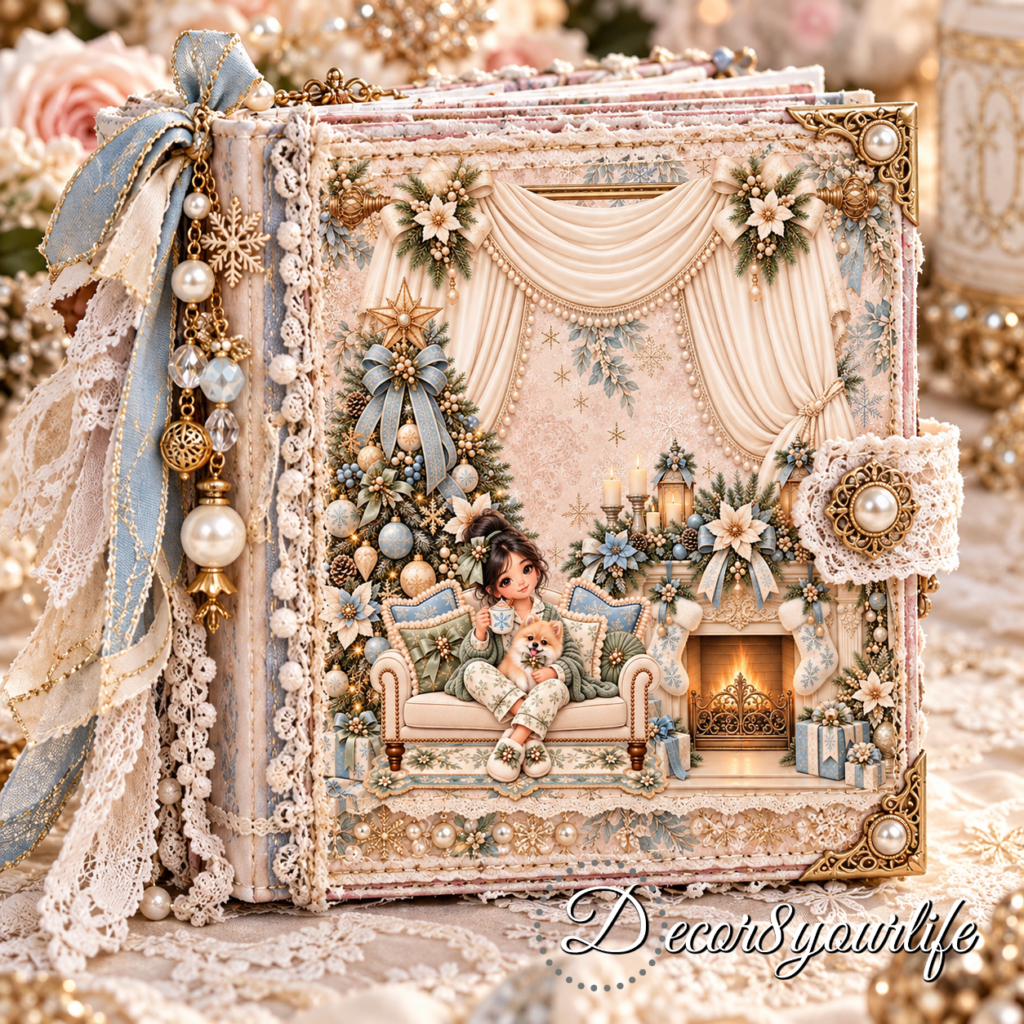 Shabby chic Christmas junk journal featuring an icy blue and ivory cover with a festive girl cuddling her dog, surrounded by an elegant Christmas tree, glowing fireplace, vintage lace, pearls, ribbons, and gold embellishments.