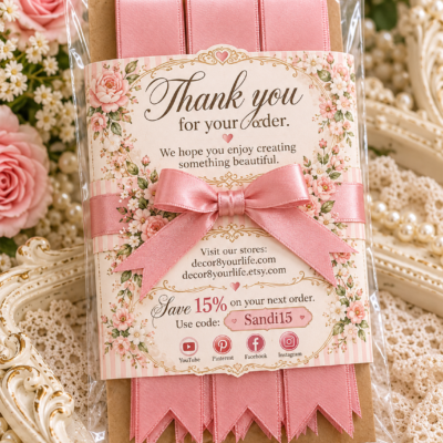 Ten rosy pink satin bow-making ribbon strips with precut pointed ends arranged on an ornate ivory tray.