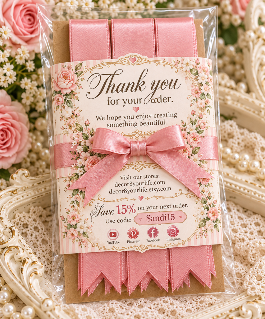 Ten rosy pink satin bow-making ribbon strips with precut pointed ends arranged on an ornate ivory tray.
