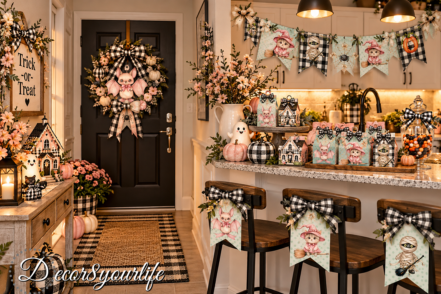 small entryway decorated for halloween with papers by Decor8yourlife.